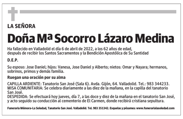 Doña Mª Socorro Lázaro Medina