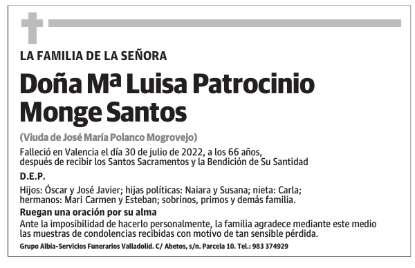 Doña Mª Luisa Patrocinio Monge Santos